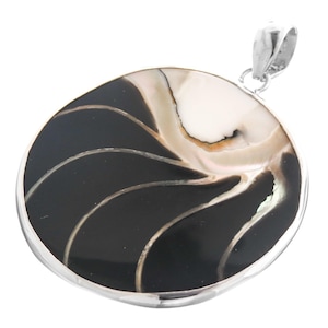2 3/16&quot; Round Black Nautilus Shell 925 Sterling Silver Pendant