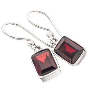 3/8&quot; Dainty Hand Crafted Retangle Red Garnet 925 Sterling Silver Earrings