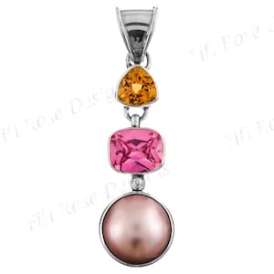 2 1/8&quot; Pink Mabe Pearl Citrine Pink Quartz 925 Sterling Silver Pendant