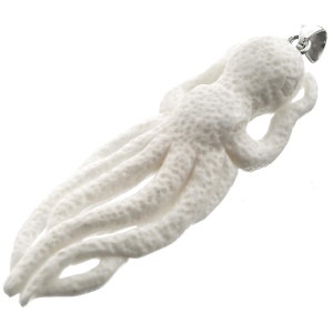 3 1/8&quot; Bali Handcarved Octopus Bison Bone Carving 925 Sterling Silver Pendant