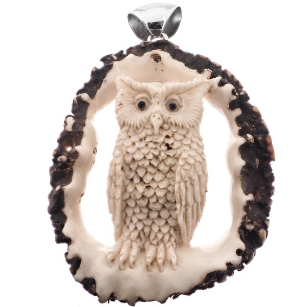 3" Handcarved Owl Real Deer Burr Antler 925 Sterling Silver Pendant