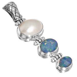 White Mabe Cultured Pearl Natural Opal Doublet 925 Sterling Silver Pendant, 1 7/8&quot;