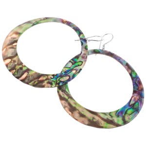 925 Sterling Silver 60mm Paua Abalone Shell Hoop Hoops Sterling Earrings, 2 3/8"