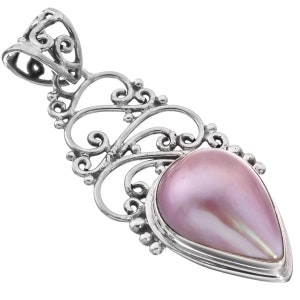 1 7/8&quot; Pink Mabe Ocean Cultured Filigree 925 Sterling Silver Pendant