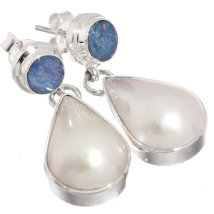 925 Sterling Silver Australian Opal Pear Blue White Pearl Sterling Stud Earrings, 1 1/4&quot;
