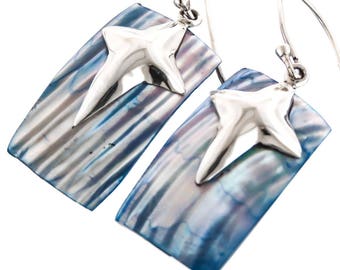 7/8" Rectangle Blue Mother Of Pearl Turbo Shell 925 Sterling Silver Earrings