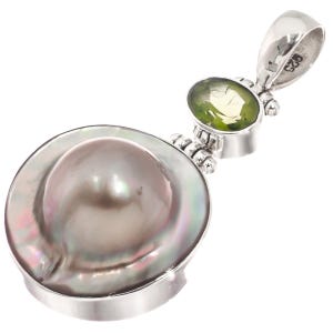 925 Sterling Silber Natürlicher Peridot Südsee Zuchtblase Mabe Perle Anhänger, 1 3/4"