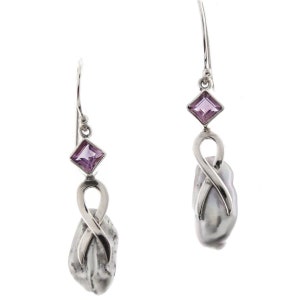 1&quot; Biwa Freshwater Stick Pearl Amethyst 925 Sterling Silver Earrings