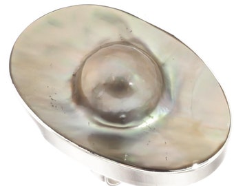 925 Sterling Silver Oval Opulent Mabe Blister Mother Of Pearl Shell Sz 6 Ring, 1 1/2"