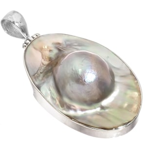 925 Sterling Silver Oval Mabe Blister Mother Of Pearl Shell Sterling Pendant, 2&quot;