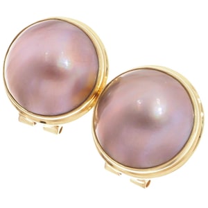 925 Sterling Silver Large Mauve Mabe Pearl Vermeil Gold Plated Omega Post Earrings 13/16&quot;