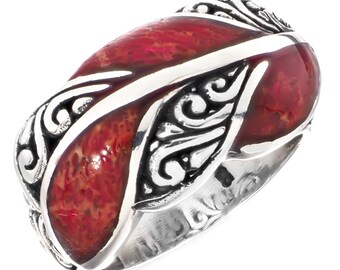 Red Coral Leaf Vine Scroll Design 925 Sterling Silver Ring