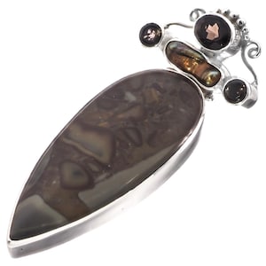 3 5/16&quot; 4ct Smokey Quartz Jasper Biwa Freshwater Pearl 925 Sterling Silver Pendant