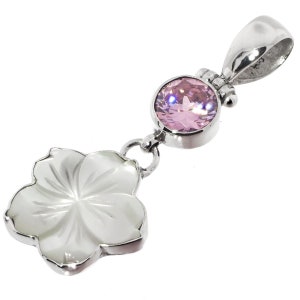 1 5/8&quot; Mother Of Pearl Shell Flower Pink Quartz 925 Sterling Silver Pendant