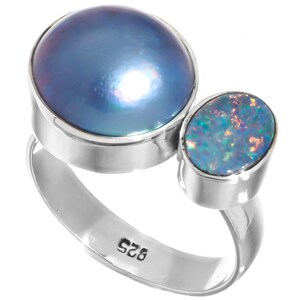 925 Silver Blue Mabe Ocean Cultured Pearl Australian Opal Sterling Ring