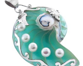 3" Turquoise Blue Nautilus Shell Pearl 925 Sterling Silver Pendant