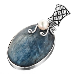 1 3/4" Large Kyanite Freshwater Pearl 925 Sterling Silver Pendant