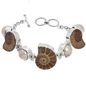 925 Sterling Silver 7pc Big White Mabe Pearl Ammonite Fossil Bracelet