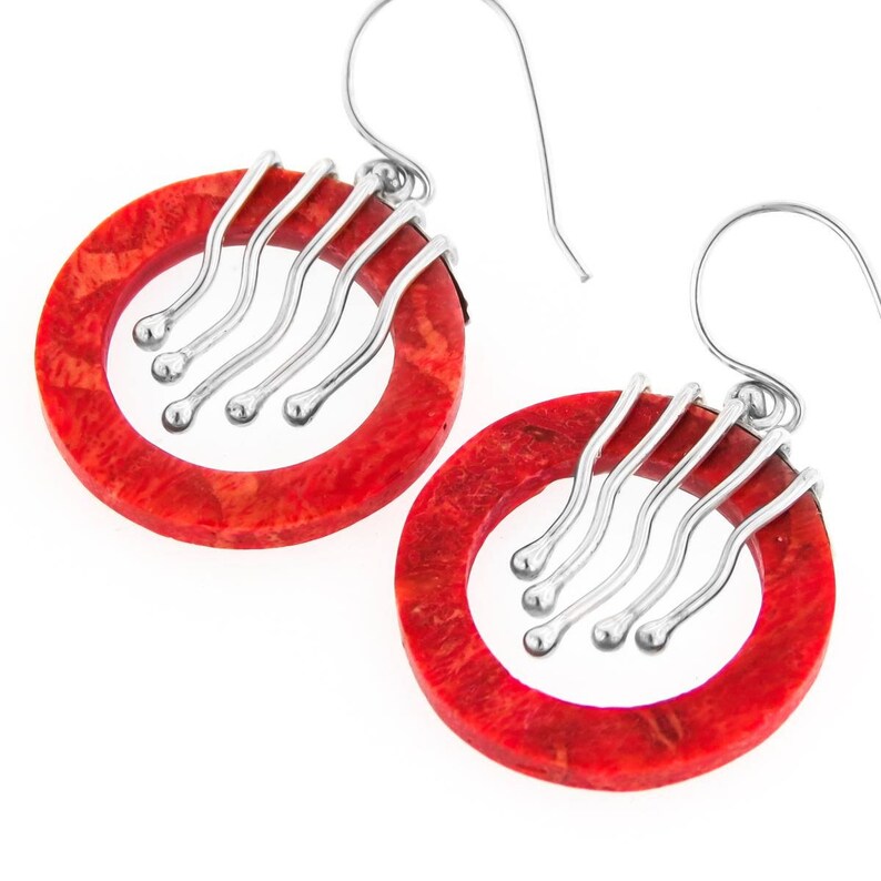 Gorgeous Red Coral Hoop 925 Sterling Silver Earrings