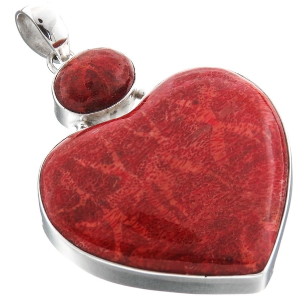 2 1/4" Valentine Heart Red Coral 925 Sterling Silver Pendant