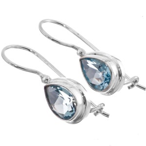 925 Sterling Silver Simple Blue Topaz Pear Teardrop Sterling Lock Fishhook Earrings, 1/2&quot;