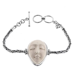 7&quot; Bali Hand Carving Goddess Bison Bone 925 Sterling Silver Bracelet
