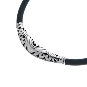 17&quot; Black Rubber Ethnic Bali Handmade 925 Sterling Silver Necklace