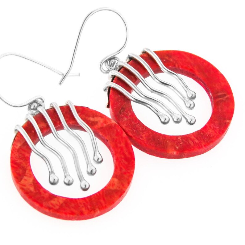 Gorgeous Red Coral Hoop 925 Sterling Silver Earrings