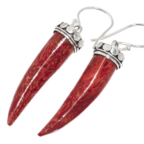 925 Sterling Silver Cool Red Sponge Coral Tooth Sterling Drop Earrings, 1 1/4"