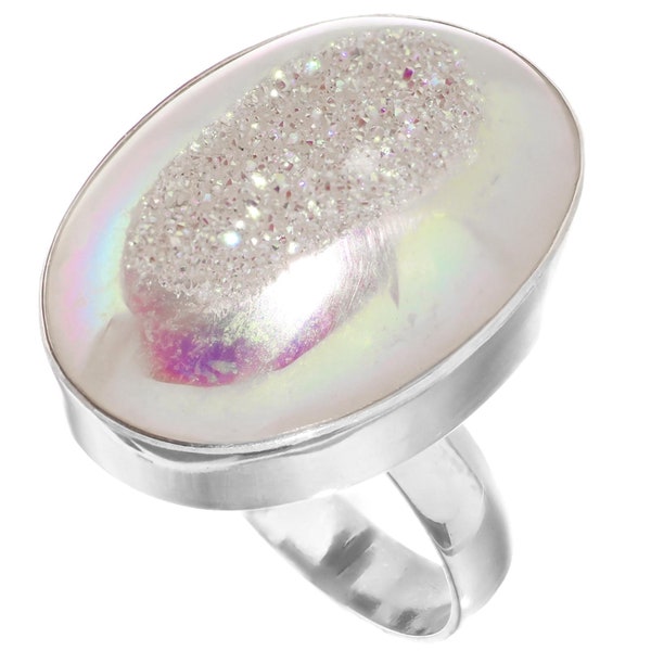 925 Sterling Silver Oval White Opal Iridescent Titanium Druzy Adjustable Sz 9 Sterling Ring, 1"