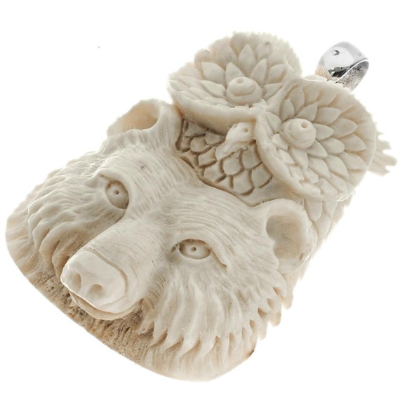 2 3/8インチ 手彫り フクロウ ベア 本物の鹿の角 925 スターリング