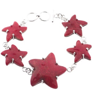 7-8" Sea Star Starfish Red Coral 925 Sterling Silver Bracelet