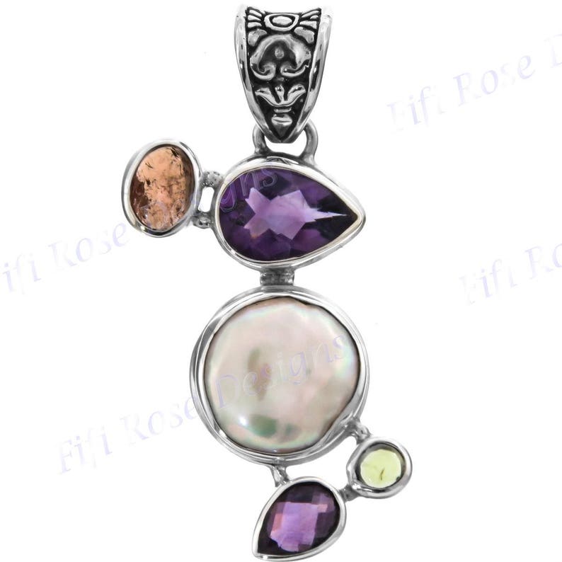 1 1116 Playful Tourmaline Amethyst Biwa Coin Pearl 925 Sterling Silver Pendant
