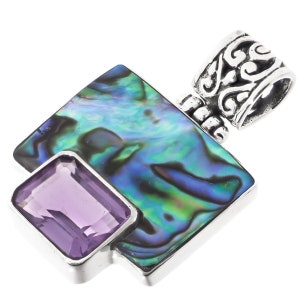 May include: A silver pendant with a square abalone shell inlay and a rectangular amethyst gemstone. The pendant has a detailed silver bail.
