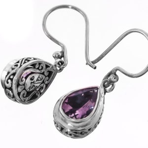 925 Sterling Silver Design Teardrop Amethyst Scroll Filigree Sterling Earrings, 5/8&quot;