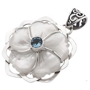 1 1/2&quot; Mother Of Pearl Shell Flower Blue Topaz 925 Sterling Silver Pendant