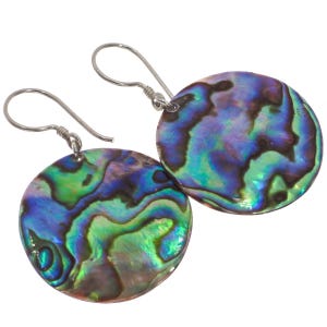 925 Sterling Silver 30mm Round Genuine Paua Abalone Shell Sterling Earrings, 1 1/4&quot;