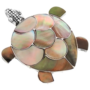 925 Sterling Silver Brown Mother Of Pearl Inlay Turtle Sterling Pendant Brooch, 1 7/8&quot;