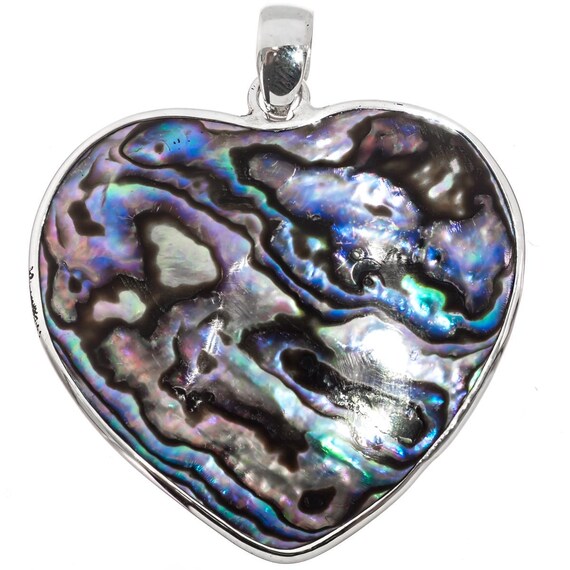 Ciondolo in argento sterling 925 con conchiglia di abalone Paua spettacolare a forma di cuore da 1 3/8 - Italia