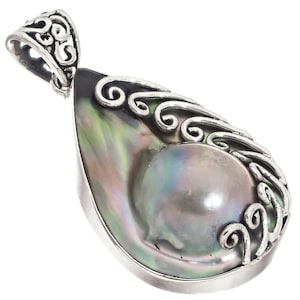 925 Sterling Silber Teardrop Filligran Zuchtperlen Muschel-Anhänger, 6 cm