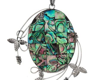 3 9/16" Substantial Silver Paua Shell Leaf 925 Sterling Silver Pendant