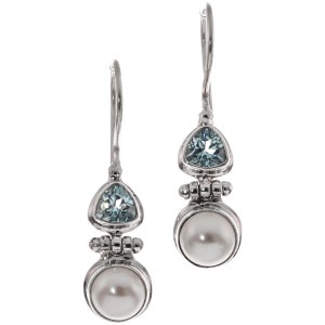 925 Sterling Silver Trillion Blue Topaz White Freshwater Pearl Sterling Earrings, 3/4&quot;