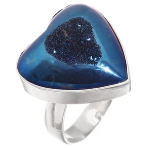 Heart Cobalt Blue Titanium Druzy Drusy Sterling Silver Adjustable Sz 8 Ring