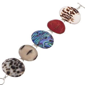 7.5-8.5&quot; Paua Abalone Red Coral Cone Shell Cowry 925 Sterling Silver Bracelet