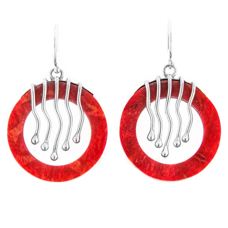 Gorgeous Red Coral Hoop 925 Sterling Silver Earrings