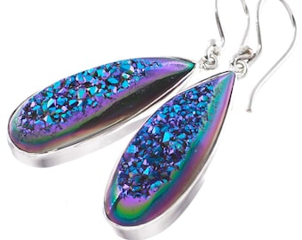 Pear Peacock Purple Green Titanium Druzy Sterling Silver Drop