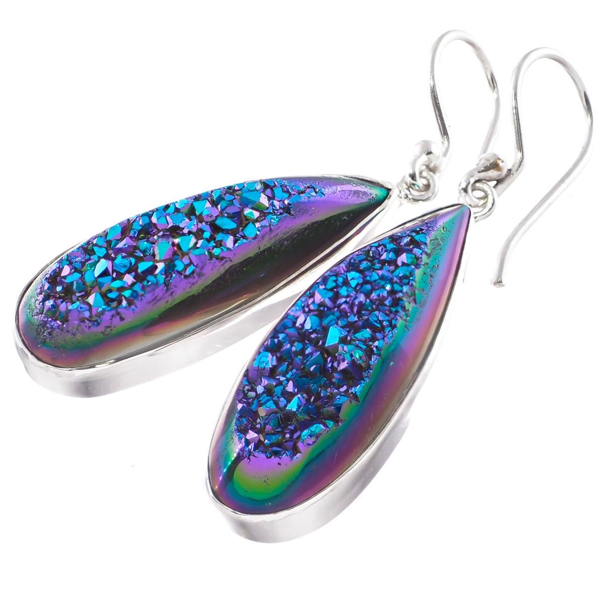 Pear Peacock Purple Green Titanium Druzy Sterling Silver Drop