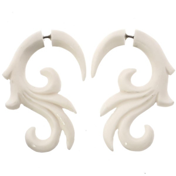 1 11/16" Fake Gauge White Bone Tribal Carving Ethnic Body Jewelry Post Earrings