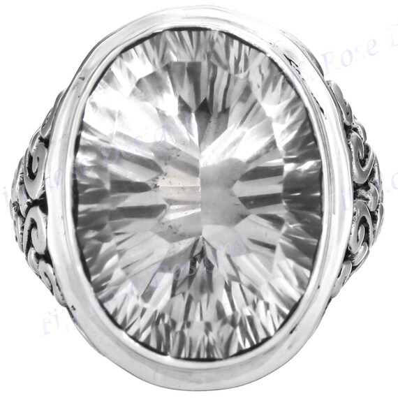 Bold Clear Quartz Scroll Filigree 925 Sterling Silver Ring