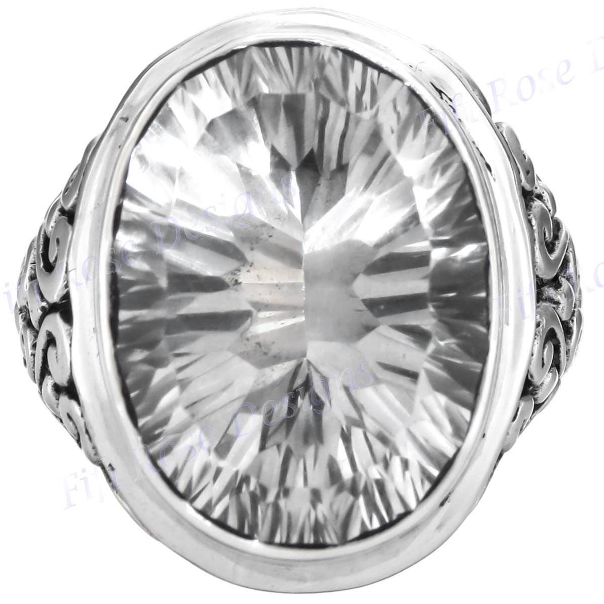 Bold Clear Quartz Scroll Filigree 925 Sterling Silver Ring